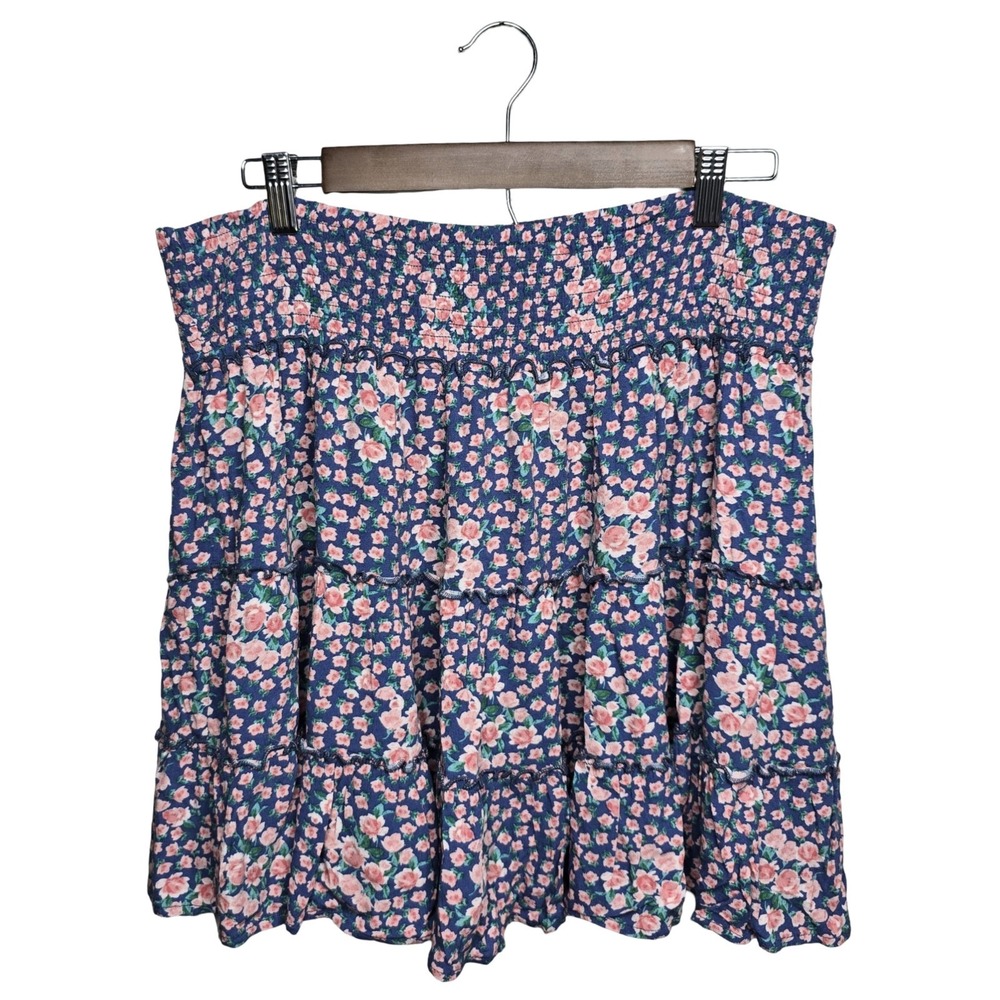 American Eagle Floral Mini Skirt XXL Smocked Tiered Blue Pink Lined Boho NWT